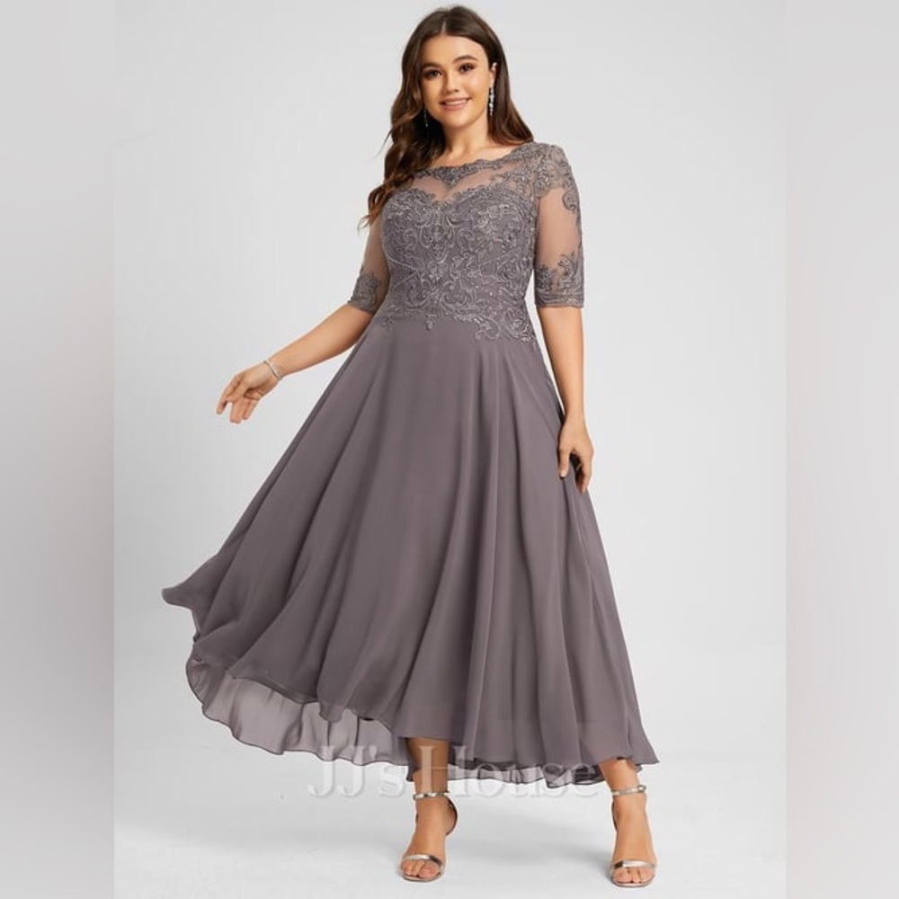 NWT JJ’s House A-line Illusion Chiffon Sequin Embroidered Lace Evening Gown | 14